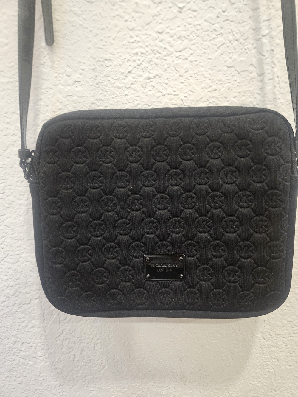 Michael Kors Black Neoprene Embossed MK Logo Crossbody iPad Tablet Bag Sleeve